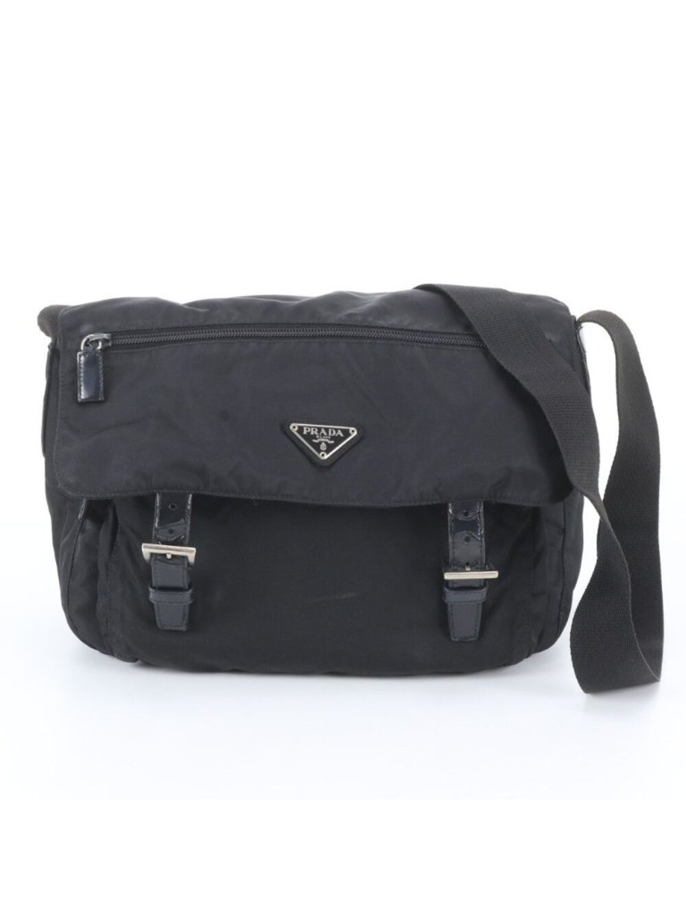 Prada Tessuto Nylon Triangle Logo Leather Shoulder Bag Crossbody Messenger Black